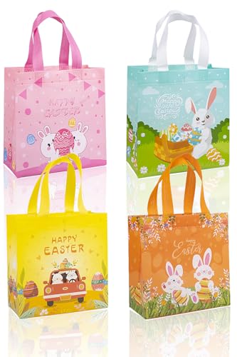 Jaywayang 4Pack Happy Easter Gift Bags, Easter Non-woven Bags with Handle for Kids, Reusable Goodie Bags, Rabbit Bunny Treat Bags, Party Supplies. - Image 1