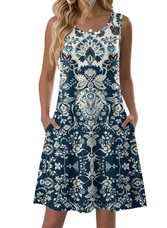 zeagoo Summer Dresses for Women 2026 Sleeveless Casual Floral Tshirt Sundress with Pockets Loose Tank Beach Dress, Blue Boho Print, S - Image 1