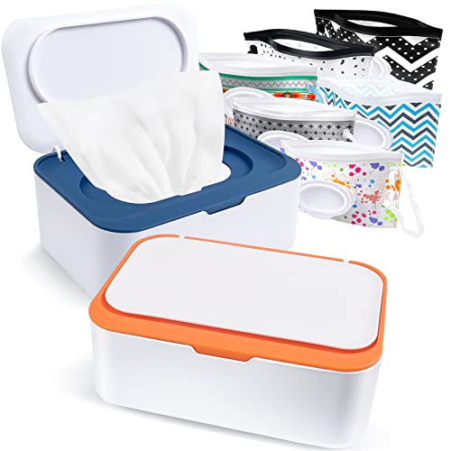 KALYLOC 8Pcs Baby Wipes Dispenser, Reusable Baby Wipe Holder Box and Portable Wet Wipes Pouch, Refillable Wipes Pouch Case Container with Lid for Bathroom Baby Nursery Kitchen Office Travel (Blue+Orange) - Image 1