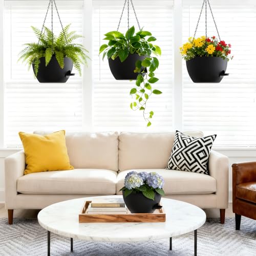 UOUZ Set of 3-10 Inch Self Watering Hanging Planters for Indoor & Outdoor，Hanging Plant Pots with Drainage & Removable Tray, Hanging Pots Holder for Ivy, Spider Plants, Ferns, Balcony & Patio, Black - Image 2