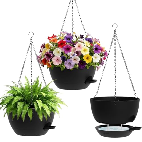 UOUZ Set of 3-10 Inch Self Watering Hanging Planters for Indoor & Outdoor，Hanging Plant Pots with Drainage & Removable Tray, Hanging Pots Holder for Ivy, Spider Plants, Ferns, Balcony & Patio, Black - Image 1