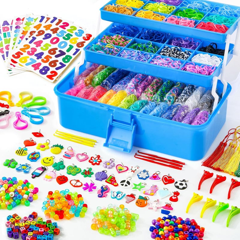INSCRAFT 17500+ Rubber Loom Bands with 3 Layer Deep Blue Container, 28 Colors, 600 S-Clips, 352 Beads, 40 Cartoon Pendant, Bracelet Making Refill Kit for Kids - Image 1