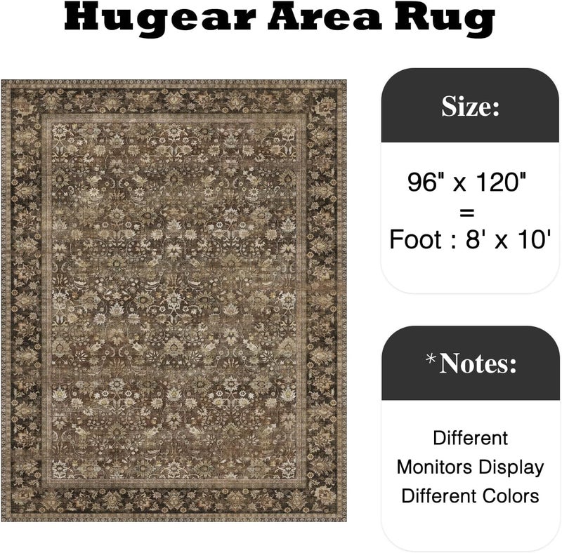 HUGEAR 8x10 Machine Washable Rugs Brown Hallway Large Area Rug Indoor Accent Rug Floral Low Pile Carpet Soft Throw Aesthetic Rug Bedroom Living Room Office Dining Room Kitchen Laundry Room - Image 2