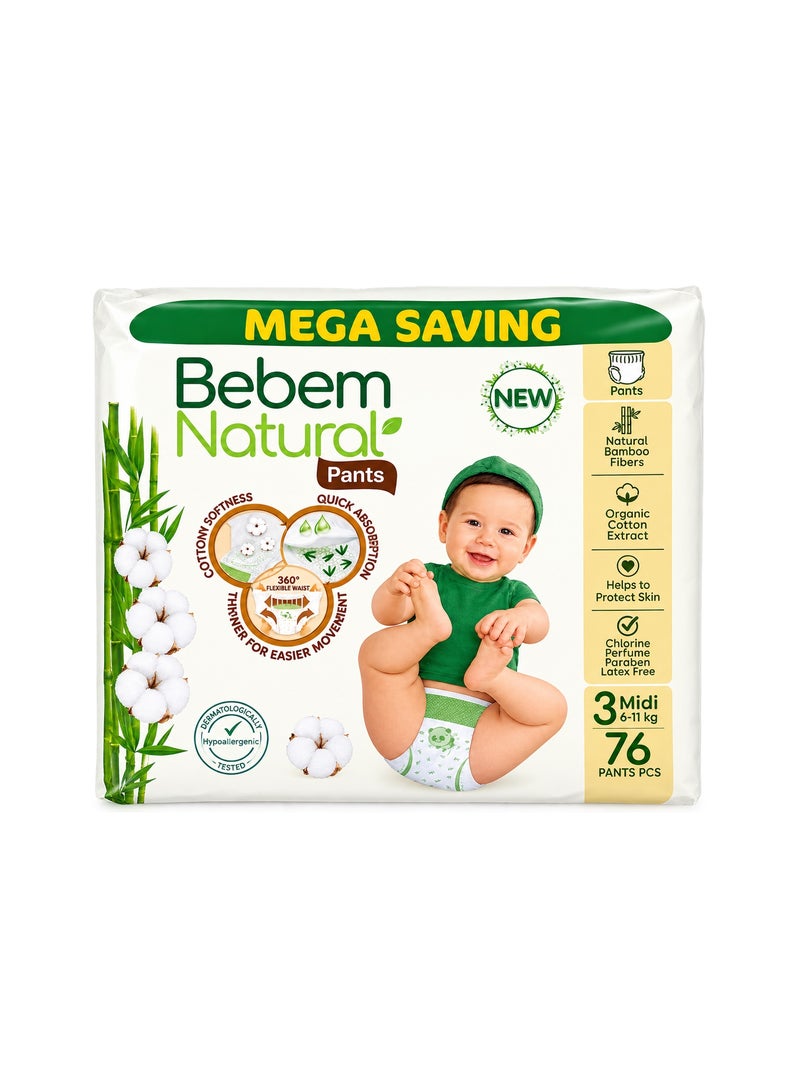 Bebem Natural Baby Diaper Pants, Size 3 Midi (6-11 kg), with Bamboo Fibers, 76 Count - Image 1