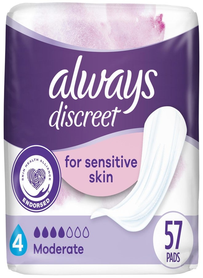 Always Discreet Incontinence Pads for Women with Bladder Leaks, Sensitive Skin Pads Moderate Absorbency, Regular Length, 57 Count - Image 1