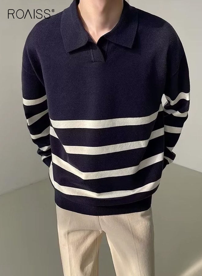 رويس قميص رجالي مخطط بألوان متعددة مناسب للخريف والشتاء بأكمام طويلة وتصميم عصري بألوان متعددة، مصنوع من نسيج مطاطي ناعم ومريح، مثالي للأسلوب اليومي غير الرسمي - Image 1