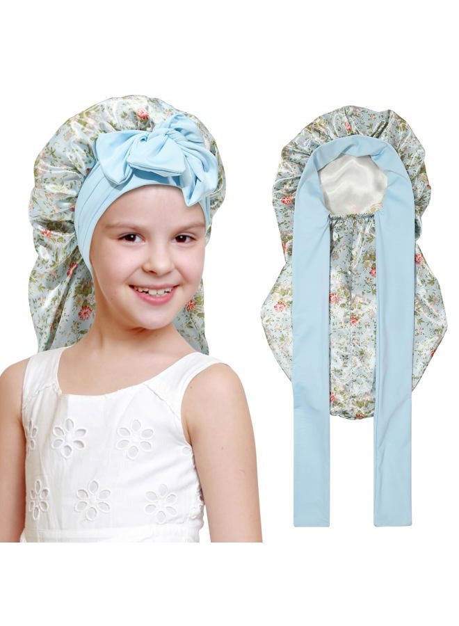 AWAYTR Kids Long Hair Bonnet for Sleeping - Double Layer Girls Elastic Satin Bonnet with Tie Band for Braid Curly Hair (Blue flower+Beige) - Image 1