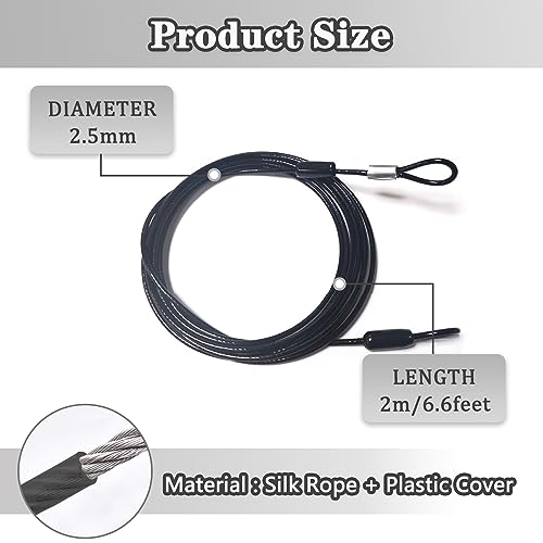 PUSNMI Steel Vinyl Coated Safety Cable Lock with Double Loop - 6.6ft x 2.5mm Steel Cable Rope - Black - Image 2