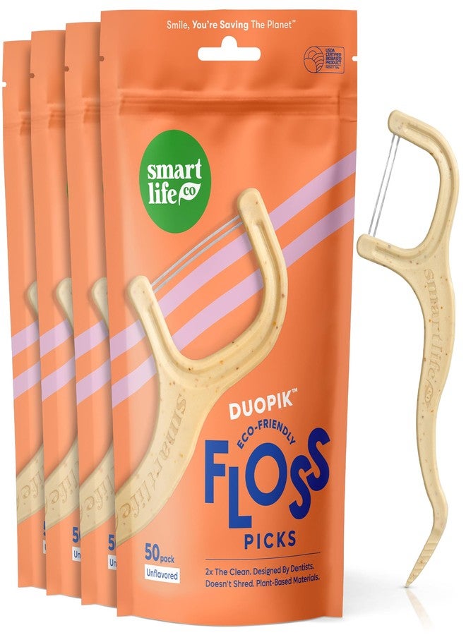 SmartLifeco Biodegradable* Dual Thread Dental Floss Picks - Eco-Friendly Tooth Flosser for Adults & Kids | Unwaxed Floss | Toothpick Stick Soft On Gum & Teeth | Compostable*, Vegan, Unflavored 100ct - Image 1