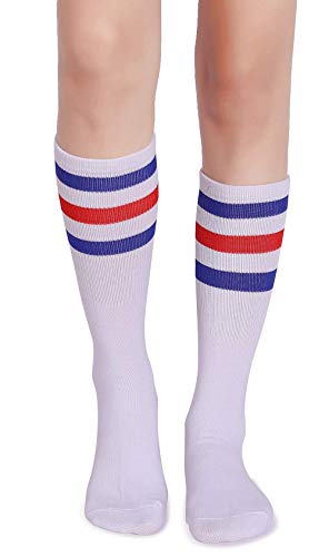 Pareberry Classic Triple Stripes Soft Cotton On the Calf Retro White Tube Socks (A-pair(Blue/Red/White)) - Image 4