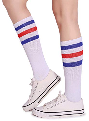 Pareberry Classic Triple Stripes Soft Cotton On the Calf Retro White Tube Socks (A-pair(Blue/Red/White)) - Image 2
