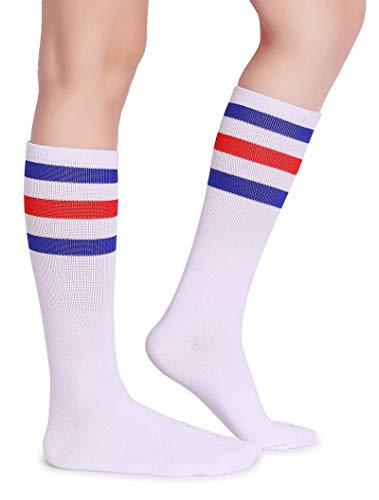 Pareberry Classic Triple Stripes Soft Cotton On the Calf Retro White Tube Socks (A-pair(Blue/Red/White)) - Image 5