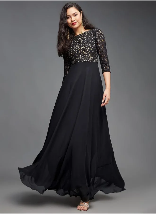 Styli Lace Overlaid Boat Neck Maxi Dress