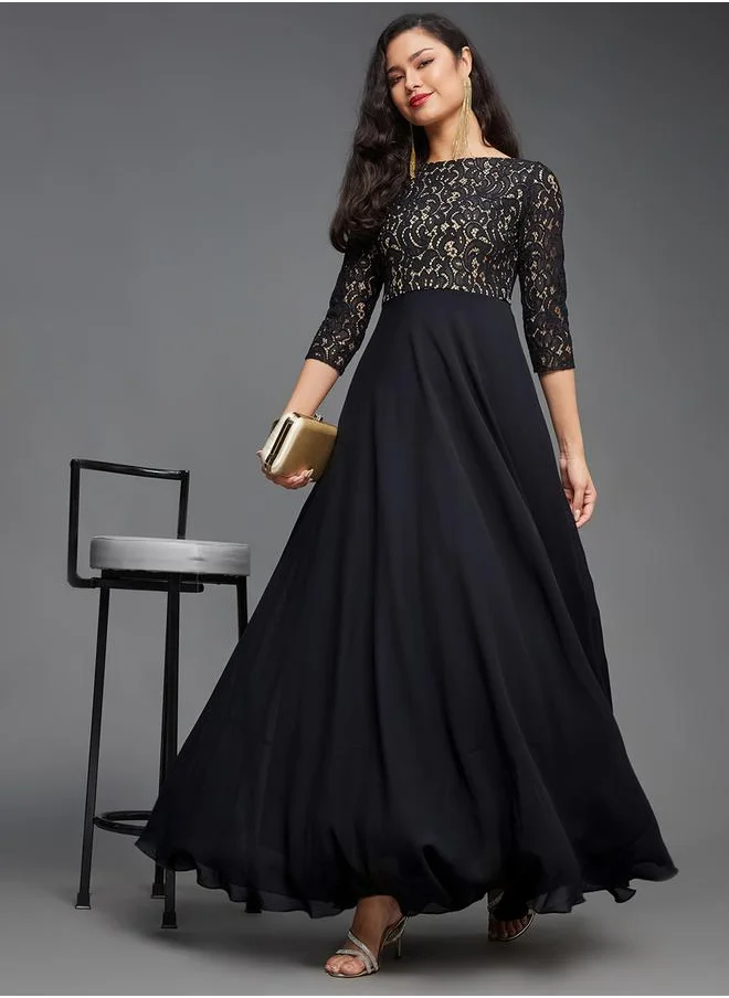 Styli Lace Overlaid Boat Neck Maxi Dress