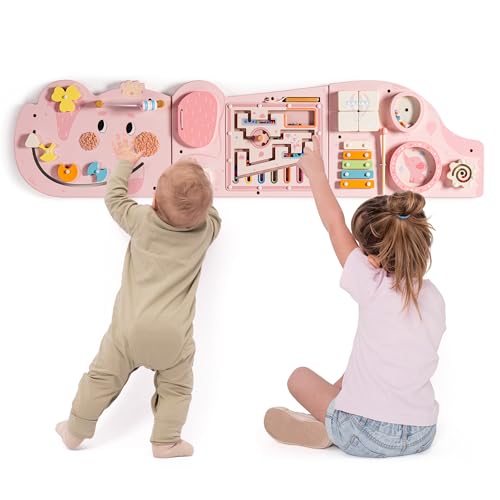 ROBUD Elephant Montessori Busy Board 12in1 Activity Wall Busy Board Montessori Sensory Wall Panel for Boys Girls Toddler Learning Activity Center for Playroom Nursery Pink - Image 1
