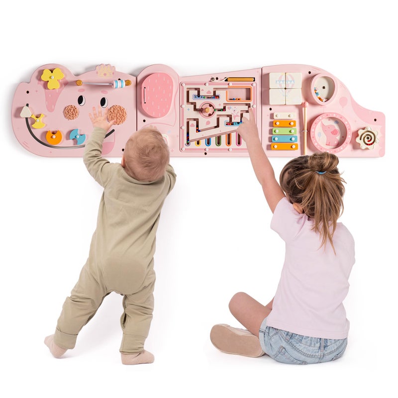 ROBUD Elephant Montessori Busy Board 12in1 Activity Wall Busy Board Montessori Sensory Wall Panel for Boys Girls Toddler Learning Activity Center for Playroom Nursery Pink - Image 3