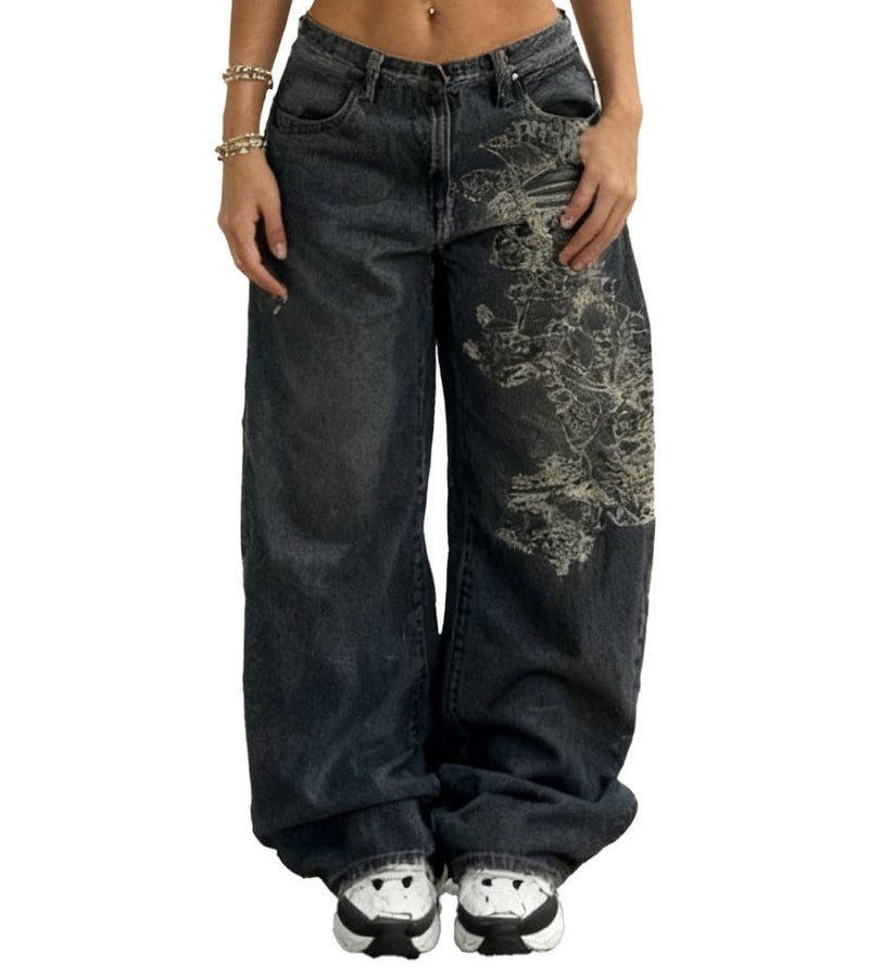 OATSBAS Unisex Y2K Hip-Hop Gothic Jeans Casual Baggy Oversize Streetwear Gragon Print Letter Graphic Retro Denim Pants (Black,Medium) - Image 1
