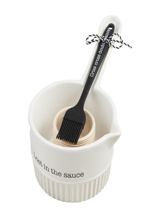 Mud Pie Circa Sauce Pot Brush Set; pot 3" x 9 3/4" | brush 7 3/4" | sauce cup 1" x 2 1/2" dia
