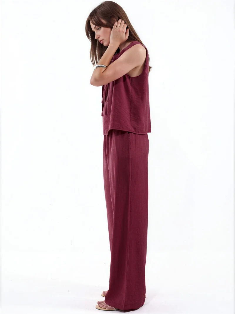 هيكاب Viscose Blend Blouse with Tie Detail & Elastic Waist Pants Set