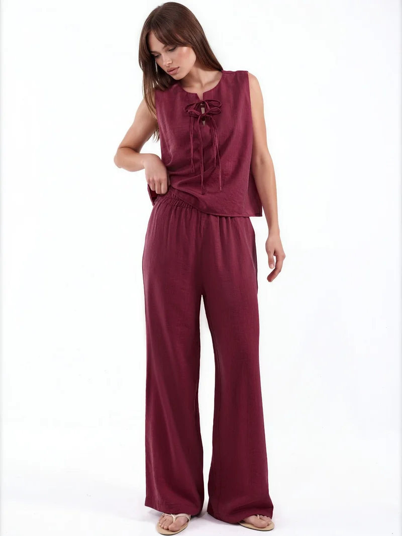 هيكاب Viscose Blend Blouse with Tie Detail & Elastic Waist Pants Set