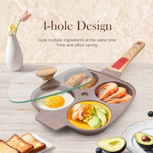 RANX INGST Ceramic Egg Frying Pan with Lid, Nonstick 4 Cup Fried Egg Pan with Detachable Handle, Omelette Pan Induction Compatible - Brown - Image 2