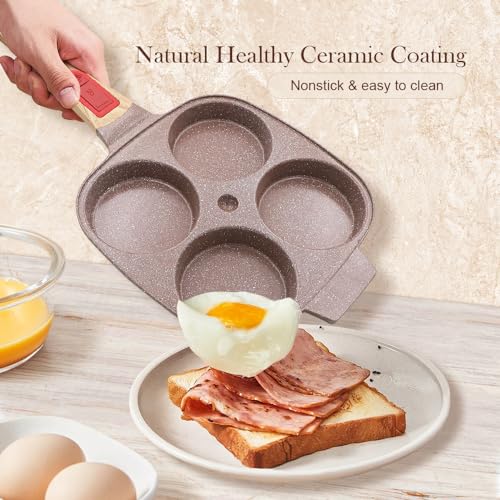RANX INGST Ceramic Egg Frying Pan with Lid, Nonstick 4 Cup Fried Egg Pan with Detachable Handle, Omelette Pan Induction Compatible - Brown - Image 3
