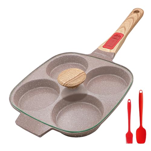 RANX INGST Ceramic Egg Frying Pan with Lid, Nonstick 4 Cup Fried Egg Pan with Detachable Handle, Omelette Pan Induction Compatible - Brown - Image 1