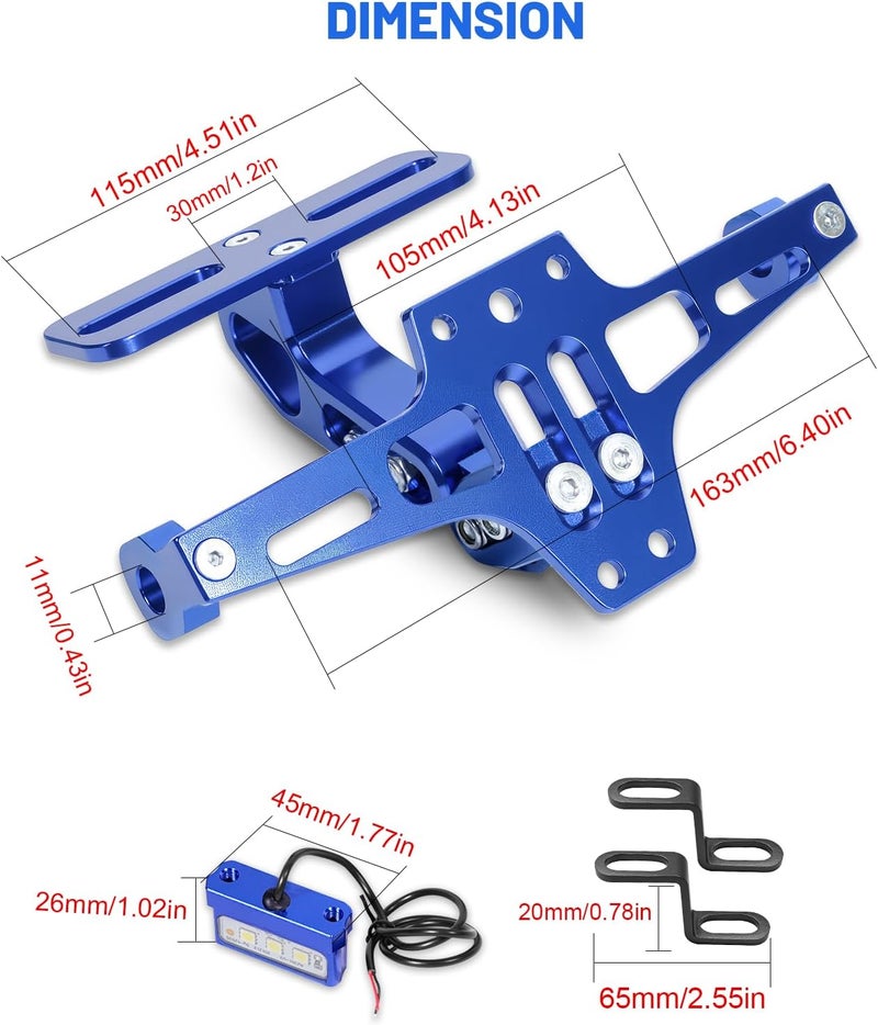 MDPROMCP مزيل واقي الدراجة النارية العالمي مع ضوء LED حامل لوحة الترخيص من الألمنيوم CNC (أزرق) - Image 2
