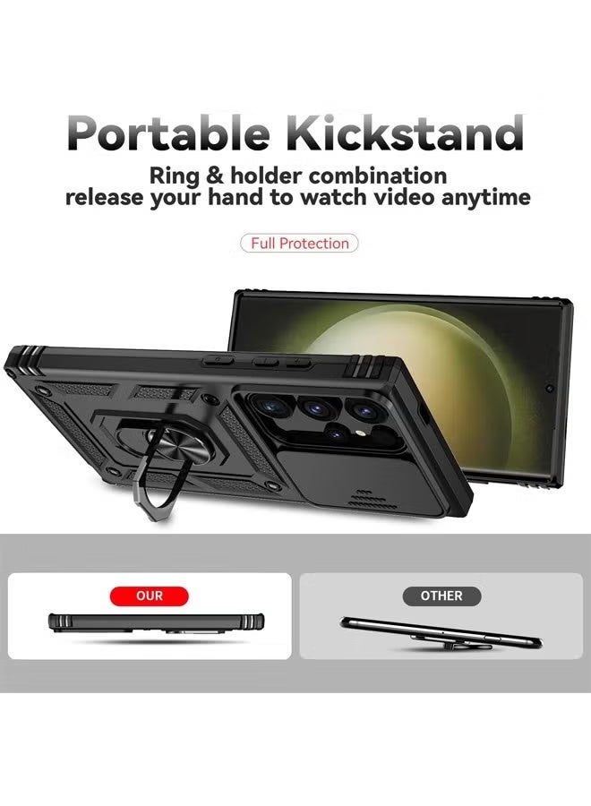 جراب سامسونج جالاكسي S25 ألترا مع واقي شاشة زجاجي مقوى عالي الدقة، وغطاء كاميرا منزلق، وحامل حلقي مدمج قابل للدوران 360 درجة، وحماية من الصدمات والسقوط، وجراب حماية متين مقاوم للصدمات لهاتف سامسونج جالاكسي S25 ألترا 6.9 بوصة (أسود، عبوة من قطعتين) - Image 3