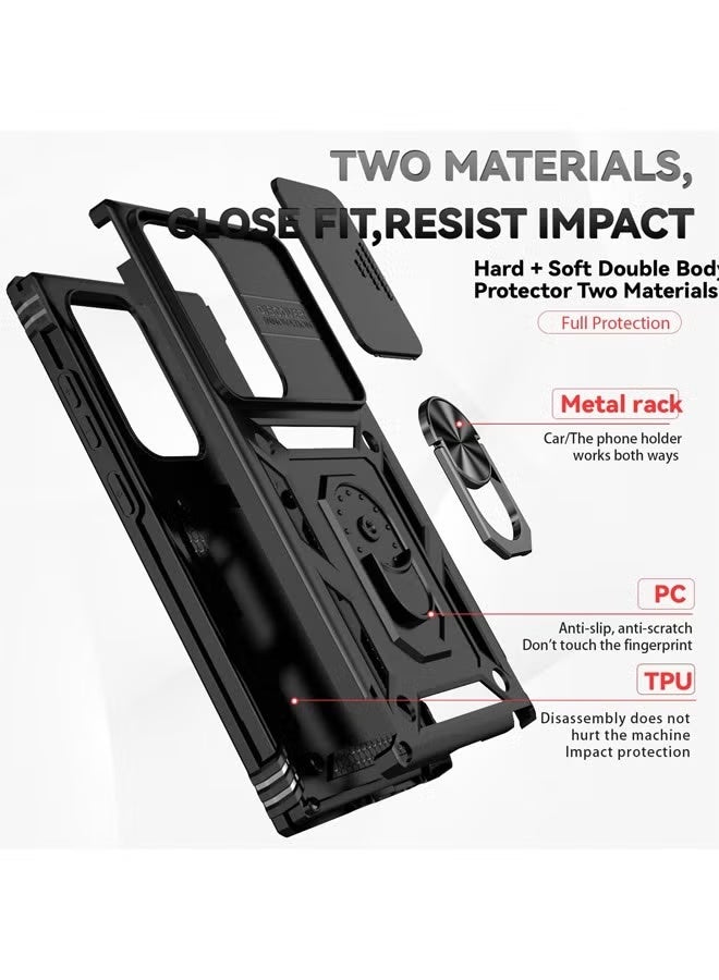 جراب سامسونج جالاكسي S25 ألترا مع واقي شاشة زجاجي مقوى عالي الدقة، وغطاء كاميرا منزلق، وحامل حلقي مدمج قابل للدوران 360 درجة، وحماية من الصدمات والسقوط، وجراب حماية متين مقاوم للصدمات لهاتف سامسونج جالاكسي S25 ألترا 6.9 بوصة (أسود، عبوة من قطعتين) - Image 2