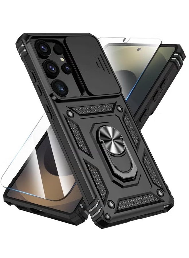 جراب سامسونج جالاكسي S25 ألترا مع واقي شاشة زجاجي مقوى عالي الدقة، وغطاء كاميرا منزلق، وحامل حلقي مدمج قابل للدوران 360 درجة، وحماية من الصدمات والسقوط، وجراب حماية متين مقاوم للصدمات لهاتف سامسونج جالاكسي S25 ألترا 6.9 بوصة (أسود، عبوة من قطعتين) - Image 1