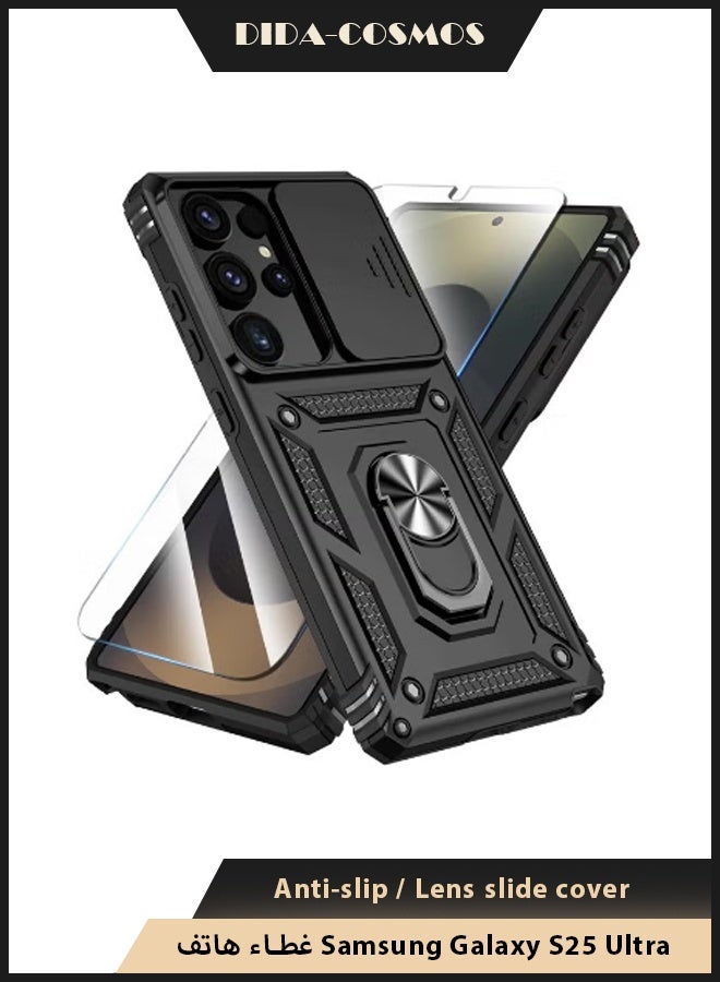 dida-cosmos Samsung Galaxy S25 Ultra Case with HD Tempered Glass Screen Protector, Slide Camera Cover, Built-in 360° Rotate Ring Kickstand, Shockproof Drop Proof Protection, Heavy Duty Shockproof Protective Case for Samsung Galaxy S25 Ultra 6.9 inch (Black, 1+1 Pack) - Image 1