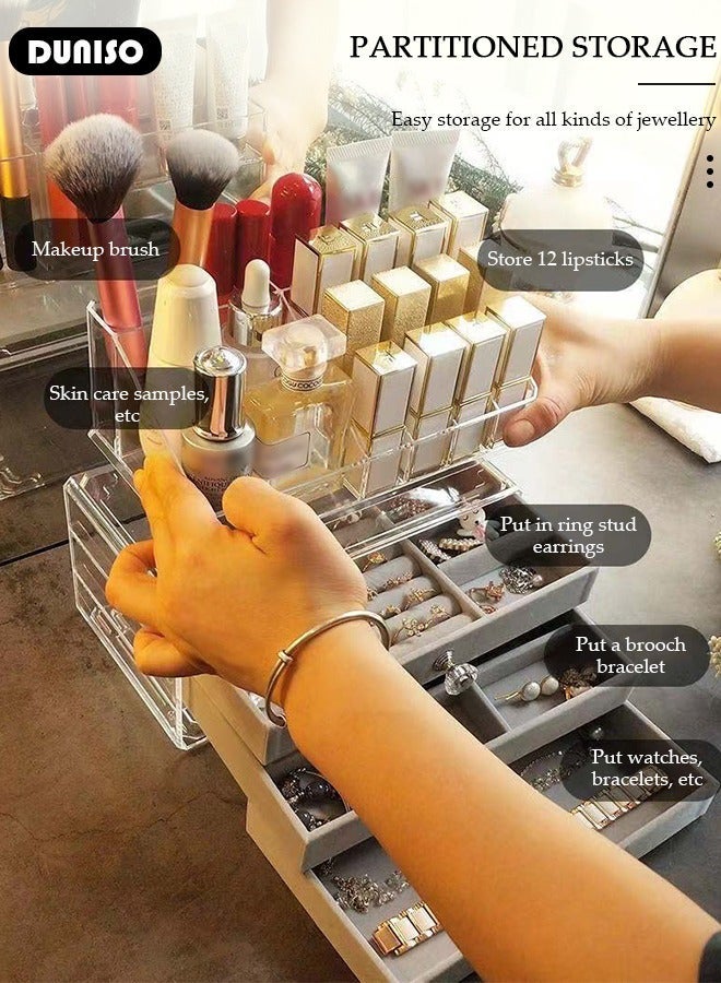 DUNISO Multi-function Jewelry Organizer Box with Tissue Box, 3 Drawers Clear Anti-oxidation Jewelry Boxes with Lipstick Makeup Brush Tray Top, Detachable Velvet Jewelry Display Case for Earring, Bangle, Bracelet, Necklace and Cosmetic - Image 2