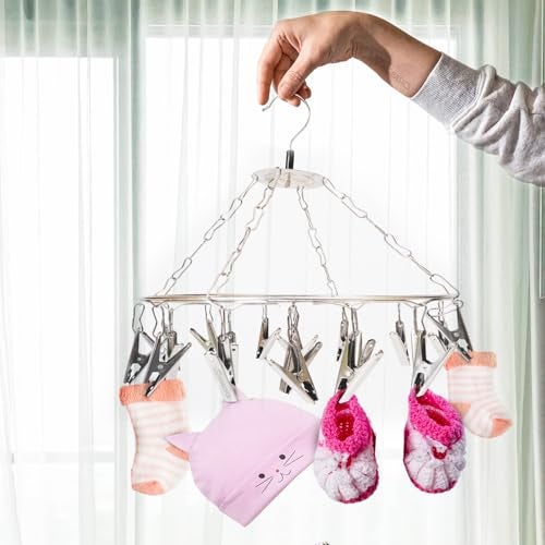 LIVINGBASICS Round Cloth Hanger/Clothes Stand for Drying/Clothes Drying Stand/Hanger with Clips/Baby Clothes Dryer/Undergarments Hanger/Stand for Drying Clothes (24 Clips, Stainless Steel) - Image 1