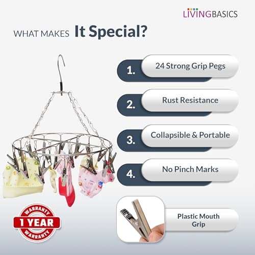 LIVINGBASICS Round Cloth Hanger/Clothes Stand for Drying/Clothes Drying Stand/Hanger with Clips/Baby Clothes Dryer/Undergarments Hanger/Stand for Drying Clothes (24 Clips, Stainless Steel) - Image 3