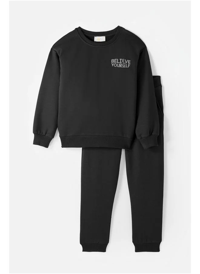 JUNE June Kids Slogan Printed 2-Pack Sweatshirt & Sweatpant Set Black