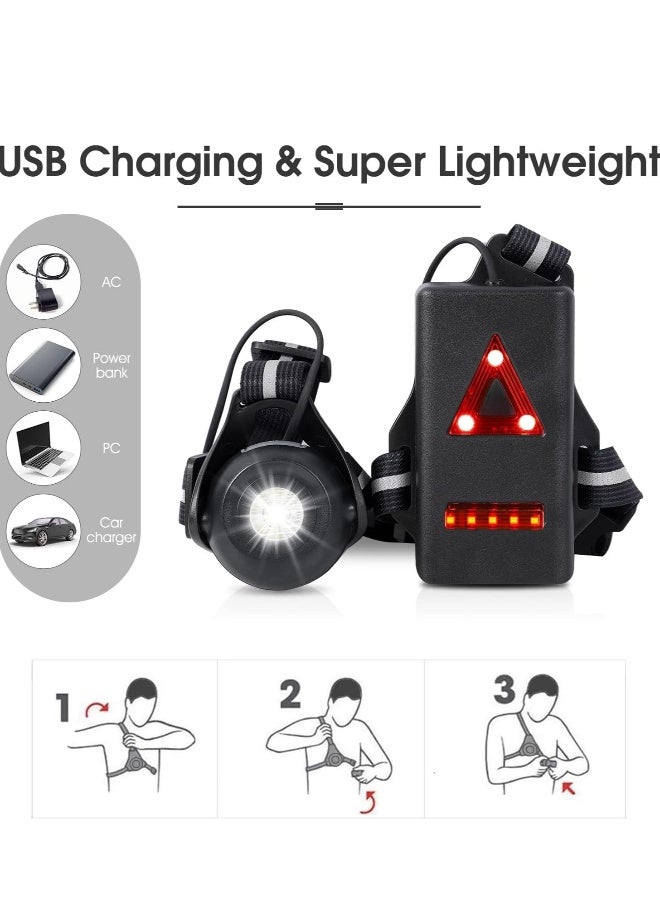 مصابيح للدراجات والجري للعدائين، ضوء صدر قابل لإعادة الشحن عبر USB بزاوية شعاع قابلة للتعديل 90°، مصباح تحذيري مضاد للماء مع أحزمة عاكسة، وميض أمامي وخلفي للتخييم - Image 5