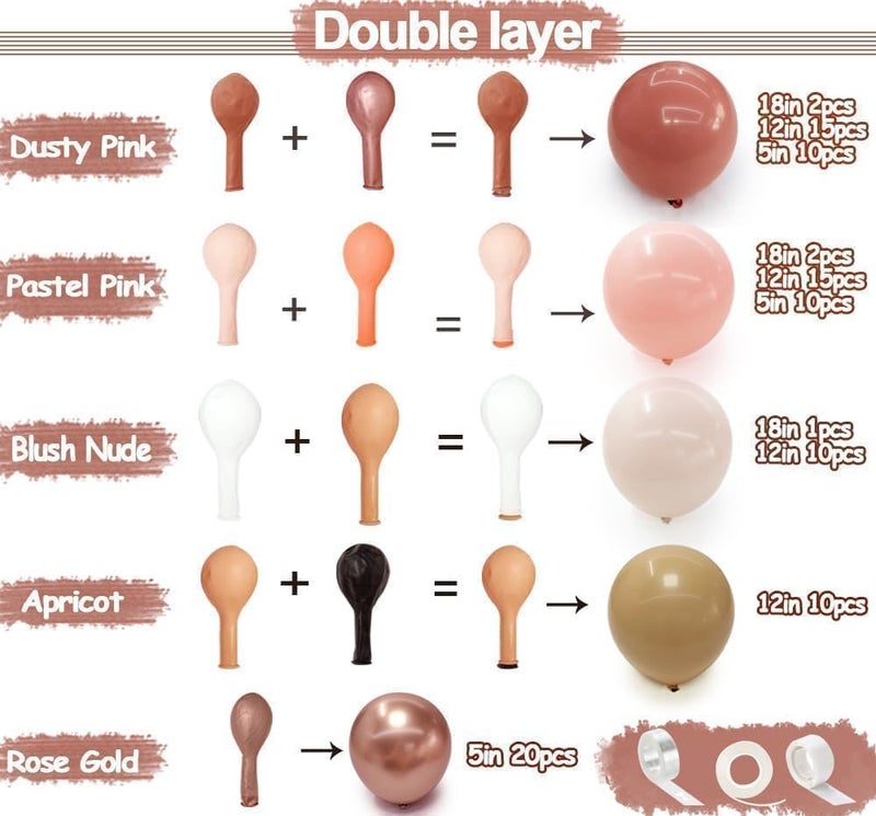 Pinbra Dusty Pink Brown Balloon Garland Nude Tan Pink Rose Gold Double Stuffed Dusty Rose Mauve Blush Beige Balloon Arch Kit for Baby Shower Birthday Bridal Wedding Mother's Day Party Decorations - Image 3