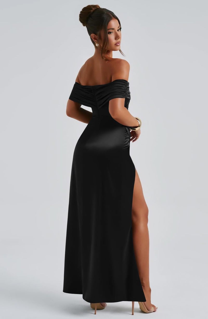 Memoriesea Women's Elegant Off Shoulder High Split Bodycon Evening Wedding Maxi Dress Black - Image 5