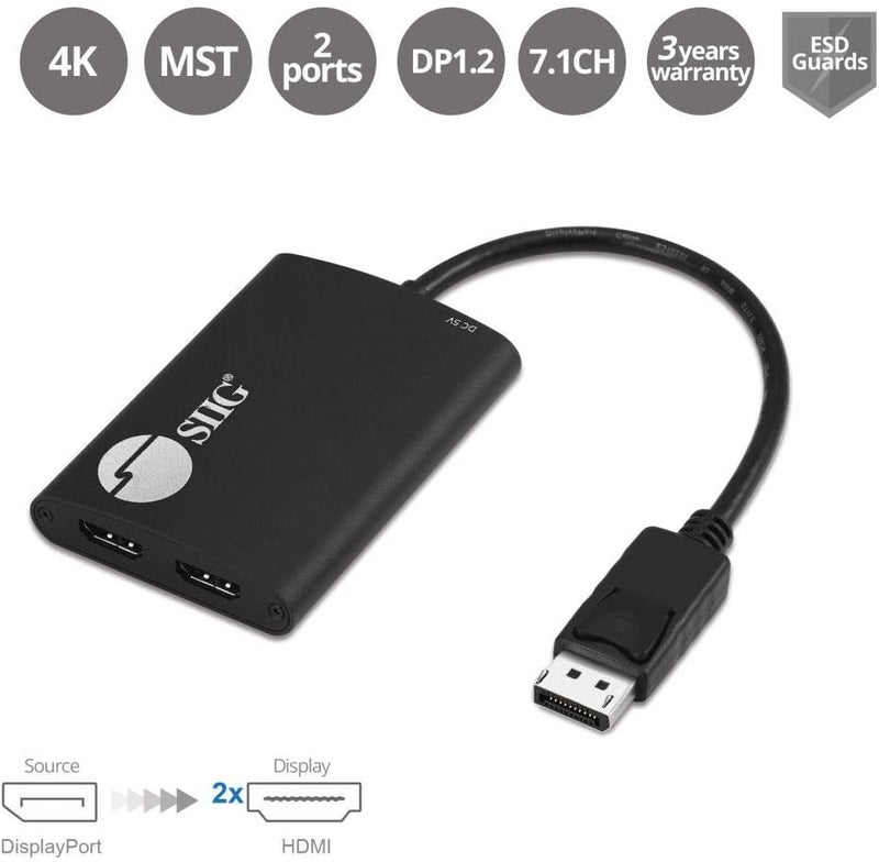 SIIG DisplayPort Splitter for Dual Monitors, DisplayPort 1.2 to 2 HDMI MST Hub Video Splitter, DisplayPort Daisy Chain Monitor, Not for MacOS (CE-DP0K11-S1) - Image 2