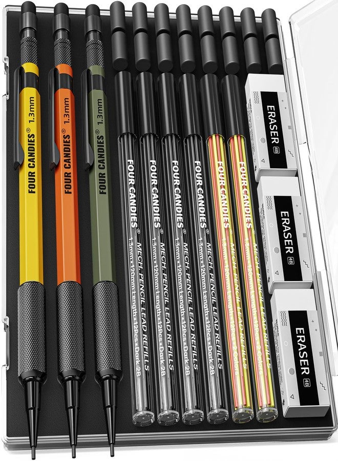 Four Candies 1.3mm Mechanical Pencil Set with 72 Lead Refills, 3PCS Metal Weatherproof Body Heavy Duty Carpenter Pencil, 3 Eraser, 16 Eraser Refills, for Outdoor Woodworking Drafting Marking with Case - Image 1