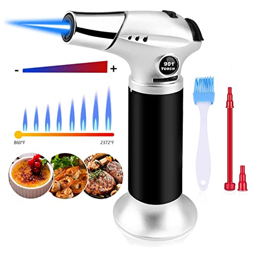 Blovec Butane Torch, Kitchen Blow Torch Cooking Torch Lighter Refillable with Security Lock and Adjustable Flame for Creme Brulee, Baking, BBQ, DIY Soldering (Butane Gas Not Included) (Silver) - Image 3