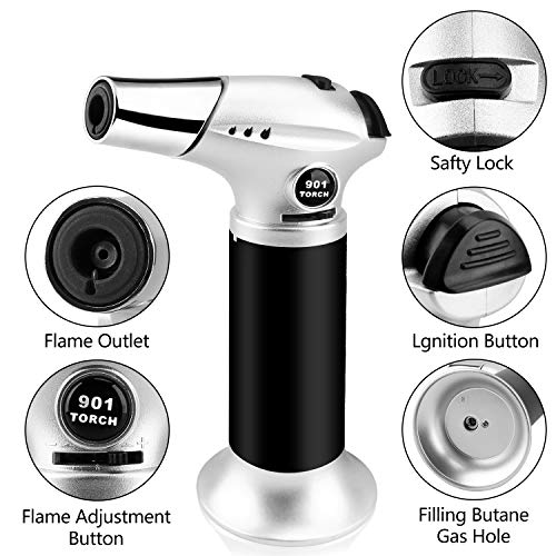 Blovec Butane Torch, Kitchen Blow Torch Cooking Torch Lighter Refillable with Security Lock and Adjustable Flame for Creme Brulee, Baking, BBQ, DIY Soldering (Butane Gas Not Included) (Silver) - Image 2