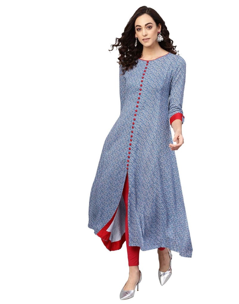 Yash Gallery Women's Rayon Round Neck Calf Length Front Slit Geometrical Printed Plus Size Regular Fit A-Line kurta (Blue, Xxl) - Image 1