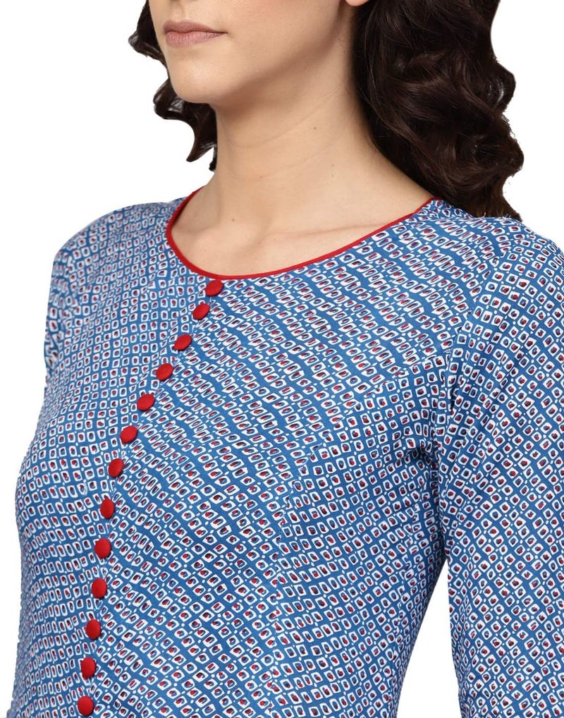 Yash Gallery Women's Rayon Round Neck Calf Length Front Slit Geometrical Printed Plus Size Regular Fit A-Line kurta (Blue, Xxl) - Image 5