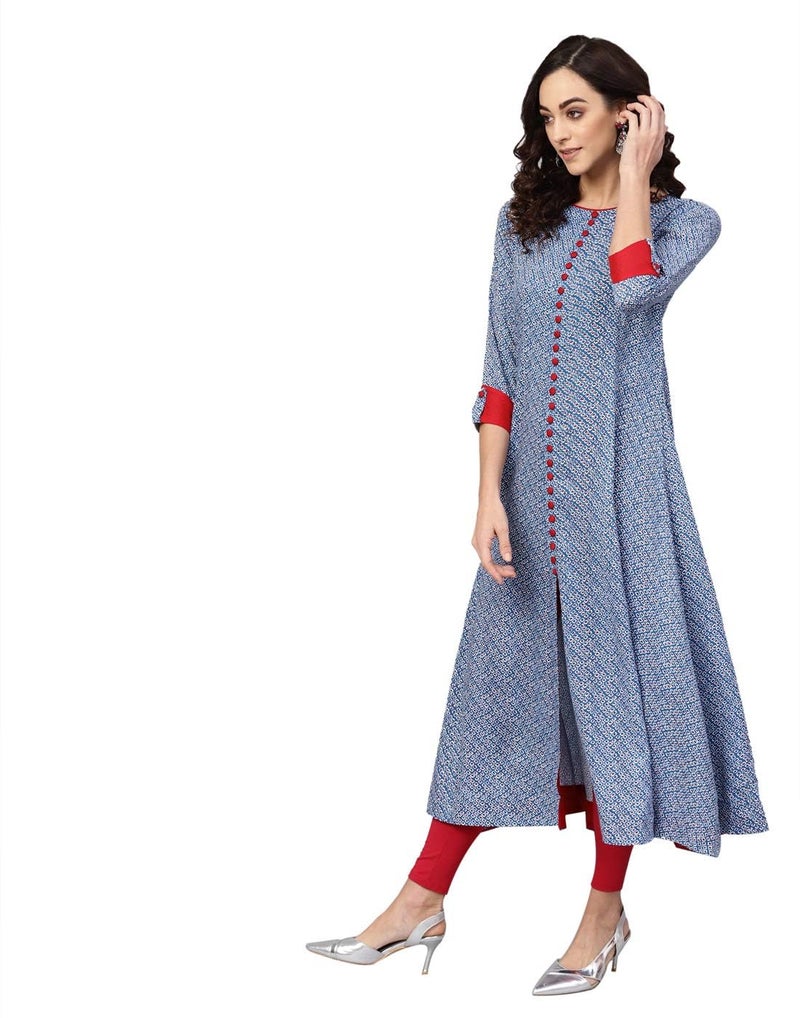 Yash Gallery Women's Rayon Round Neck Calf Length Front Slit Geometrical Printed Plus Size Regular Fit A-Line kurta (Blue, Xxl) - Image 2