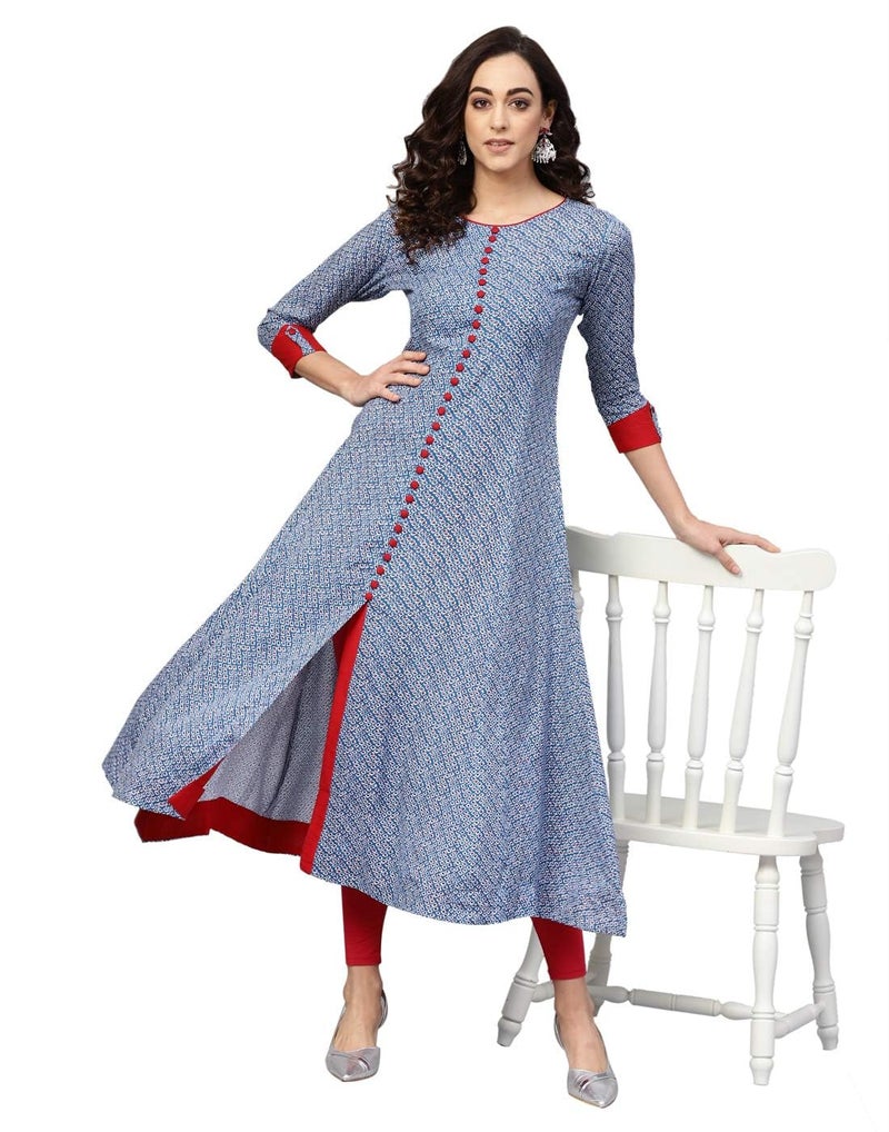 Yash Gallery Women's Rayon Round Neck Calf Length Front Slit Geometrical Printed Plus Size Regular Fit A-Line kurta (Blue, Xxl) - Image 3
