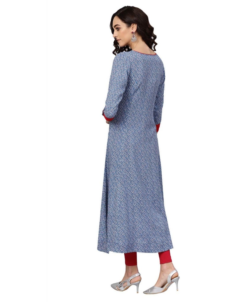 Yash Gallery Women's Rayon Round Neck Calf Length Front Slit Geometrical Printed Plus Size Regular Fit A-Line kurta (Blue, Xxl) - Image 4