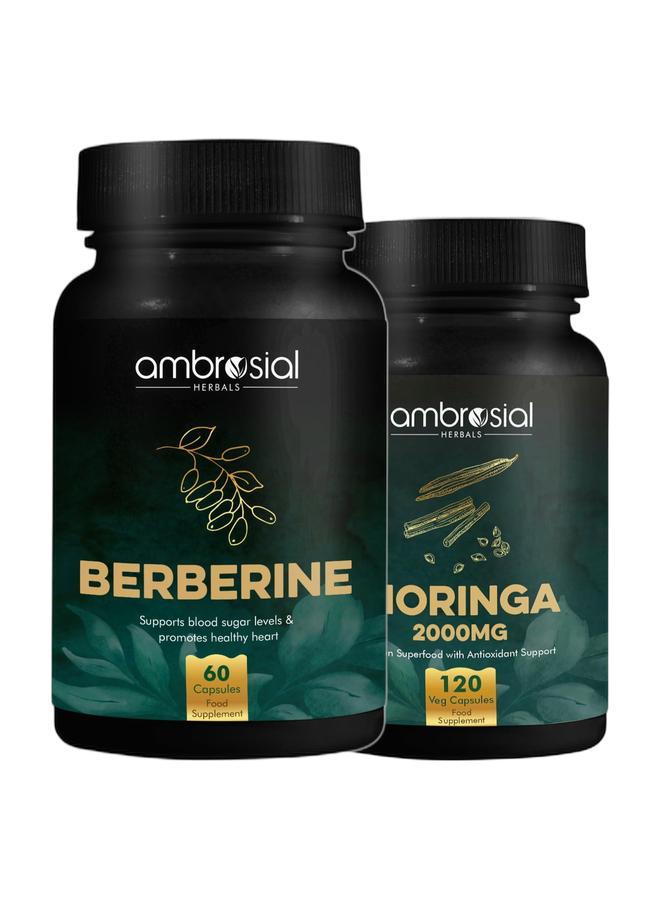 أمبروسيال بربارين لدعم مستوى السكر في الدم وتعزيز صحة القلب - 60 كبسولة مكمل غذائي وكبسولات مورينجا عضوية فاخرة من أمبروزيال بتركيز 2000 ملغ - مكمل غذائي فائق مضاد للأكسدة عالي القوة للطاقة والعافية - 120 كبسولة نباتية - Image 1