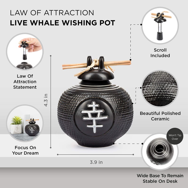 Live Whale Planner Live Whale Zen Decor Law of Attraction Asian Inspired Wishing Pot, Inspirational Gifts, Gratitude Jar with Scroll, Ceramic Jar with Lid for Daily Affirmations and Blessings, Black 3.5x3.5x4â€ - Image 2